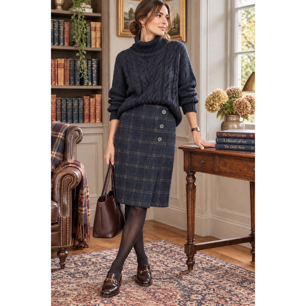 J. Jill Womens Navy Blue Brown Plaid Button Accent Pencil Skirt M Dark Academia